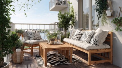Obraz premium Scandinavian outdoor balcony, wooden furniture, light cushions, potted plants, cozy daylight setting 