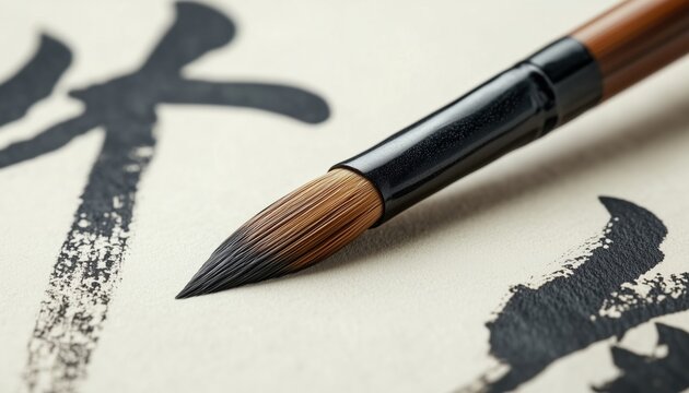 Close-Up Of An Asian Traditional Writing Brush And Calligraphy In A Detailed Shot Showcasing Intricate Strokes And Cultural Significance.