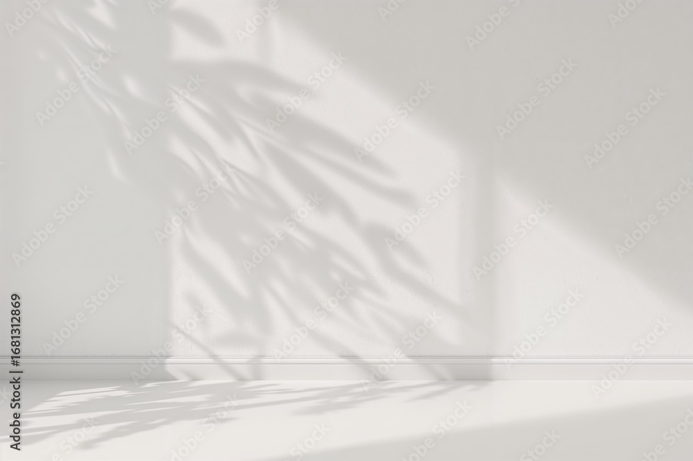 Poster simple bright backdrop with soft leafy shadows cast on a pale wall. stylish setting for displays wit