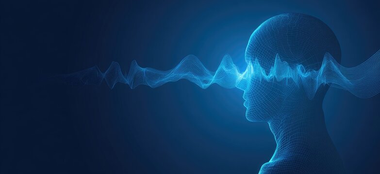 Abstract digital profile of a head,  with a flowing, wave-like energy emanating from the face