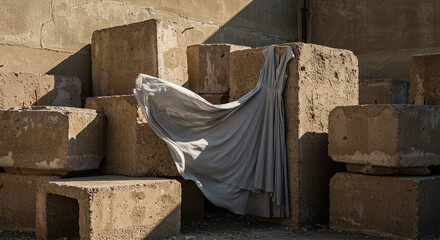 Elegant grey dress flows dramatically against rugged concrete blocks in unique outdoor fashion shoot