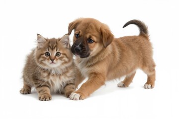 Obraz premium Cute little kitten alongside a puppy on a white backdrop