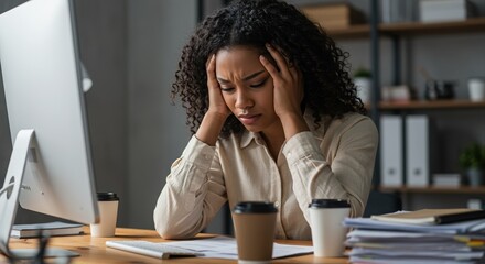 frustrated office worker at desk with paperwork and computer feeling stressed during work hours