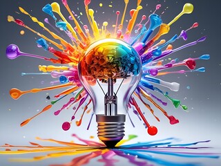 Exploding light bulb radiates a spectrum of vibrant creative ideas and inspiration