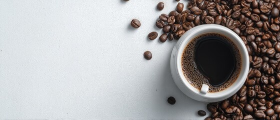 A white cup of black coffee surrounded by roasted coffee beans on a light gray surface