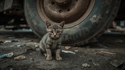 Small feline resting beside a car tire on the road. Outdoor close-up of a dirty stray cat