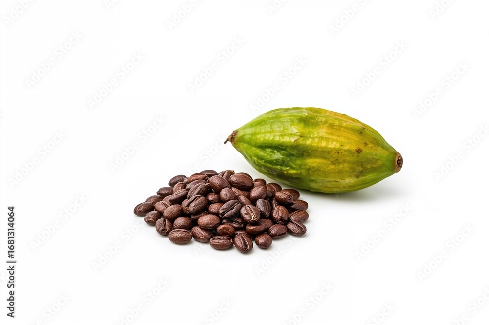 Aufkleber single cocoa pod and beans displayed on a white background. path selection.
