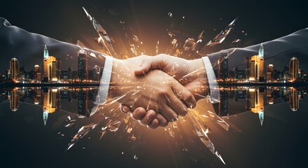 Double exposure of a handshake merging into shards of glowing cityscape.
