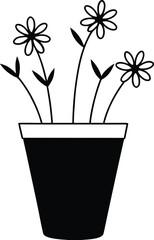 Vector art of simple black and white illustration of a potted plant with four daisylike flowers and green leaves, isolated on a