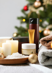 spa composition on the table and Christmas accessories. Skin care. Vertical photo format