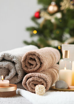 spa composition on the table and Christmas accessories. Skin care. Vertical photo format