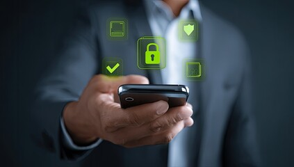 Businessman uses phone with security icons overlay