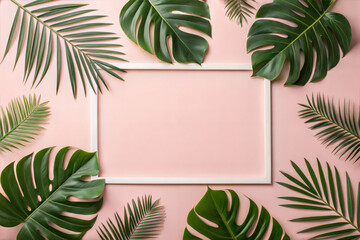 Tropical Green Leaves with Empty Frame on Pink Background
