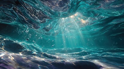 Underwater rays piercing through fractured water, creating a fluid and abstract pattern in turquoise.