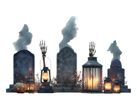 Halloween Cemetery Scene with Gravestones, Lanterns, and Pumpkin isolated on a transparent background