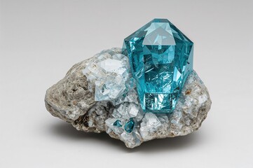 A natural blue Topaz (aluminum silicate) specimen featuring quartz and muscovite minerals within albite matrix. Part of a museum mineral collection. Mineral sample displayed on white background.
