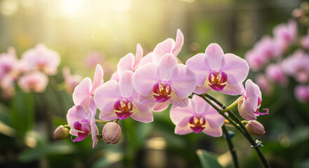 Delicate pink orchids bloom with soft sunlight, evoking tranquility and natural beauty