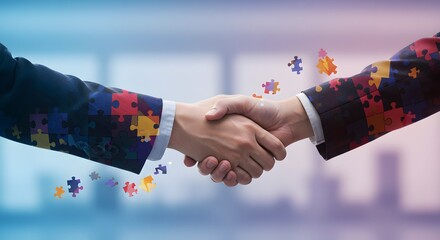 Double exposure of a handshake layered with abstract puzzle shapes.