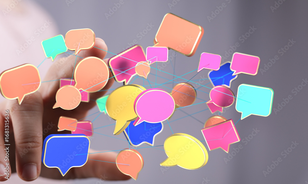 Poster abstract image of interconnected speech bubbles, representing global communication and social networ