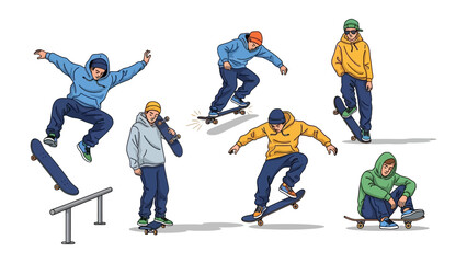 Skateboarder: A vivid illustration showcases a skateboarder in a dynamic display of movement, performing a sequence of tricks that embody the energy of urban action.