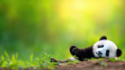 Obraz premium Playful panda cub lounging on the grass, surrounded by lush greenery in a serene natural habitat