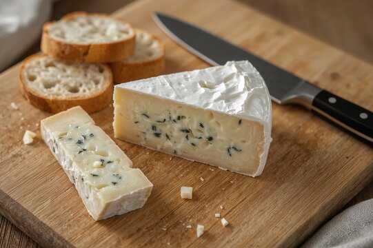 Close-up of blue cheese wedge on wooden board accompanied by knife and bread slices