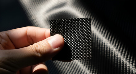 Close-up of a hand holding a small, dark, patterned square.