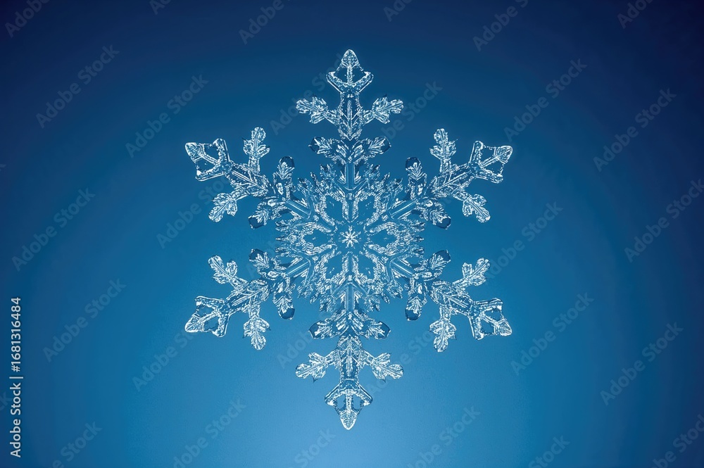 Poster close-up of a glittering snow crystal with detailed dendritic patterns on a blue gradient backdrop