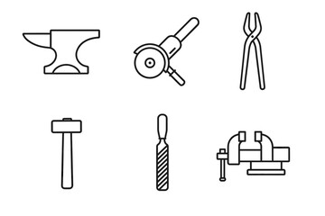 Set of blacksmith and carpentry tools: anvil, grinder, pliers, hammer, chisel, clamp