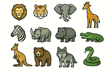 Fototapeta premium Cartoon safari animals collection: lion, tiger, elephant, giraffe, zebra, rhino, hippo, crocodile, kangaroo, bear, wolf, snake