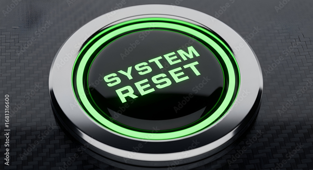 Poster close-up of a glowing system reset button, ready to be pressed.
