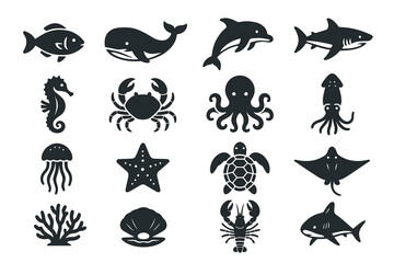 Fototapeta premium Sea life icons: fish, whale, dolphin, shark, seahorse, crab, octopus, squid