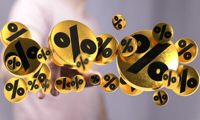 3D render of gold percentage symbols floating, ideal for sale, discount, finance concepts.