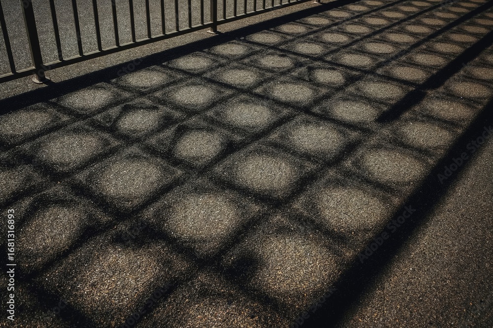Poster detailed outdoor shot capturing the shadow of a contemporary perforated fence cast on a paved surfac