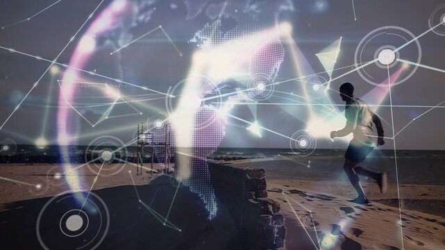 Animation of network of connections over african american man running