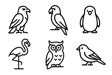 Obraz premium Simple line art of various birds: owl, penguin, flamingo, and more