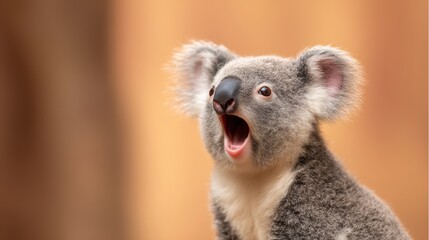Fototapeta premium A surprised koala with its mouth open, set against a blurred natural background, showcasing wildlife emotion