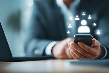 Businessman using a smartphone with a network of person icons overlayed