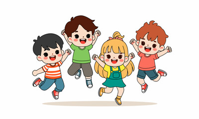 Vector illustration of a group of happy children jumping and smiling together.