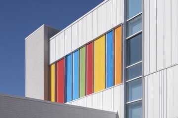 Vibrant colored panels adorn a modern building exterior in a clear blue sky during daytime showcasing contemporary architectural design elements