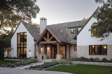 Contemporary architectural design elegantly combines natural elements of stone and wood, creating a tranquil residential atmosphere that is beautifully illuminated during twilight