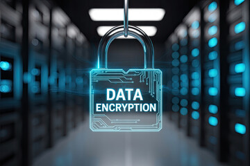 Secure digital data encryption concept with glowing padlock in server room