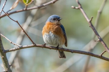 Fototapeta premium A Male Bluebird Grooming Itself on a Tree Limb with a Natural Backdrop