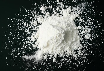 White powder, fine grains, scattered on black background  Dust, texture, crystals, salt, sugar, flour, sand,  cooking,  granules
