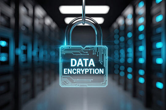 Secure digital data encryption concept with glowing padlock in server room