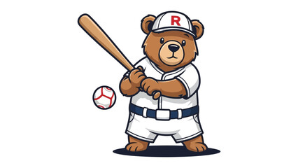 Bear Batter Ready to Play: This spirited illustration shows a bear, geared up in a baseball uniform with bat in hand, poised to hit the baseball, all set for a fun day at the game