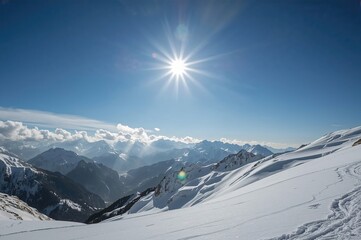 Winter mountain landscape with snow and sun, ideal for travel and sports