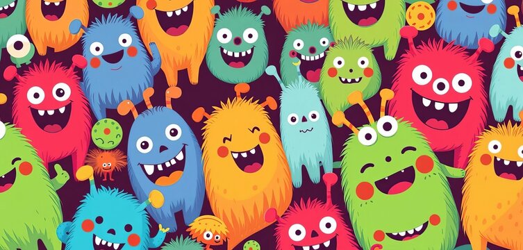 Whimsical cartoon monster pattern; vibrant colors, playful expressions, cheerful aesthetic,  repeat,  imaginative