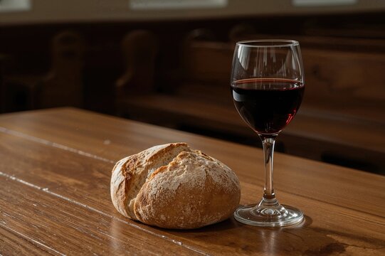 Sacramental bread and wine arranged on a rustic wooden surface inside a place of worship.