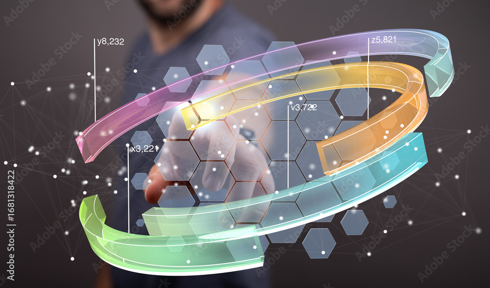 Aufkleber abstract image of a person interacting with a digital interface showing data streams and analytics.
